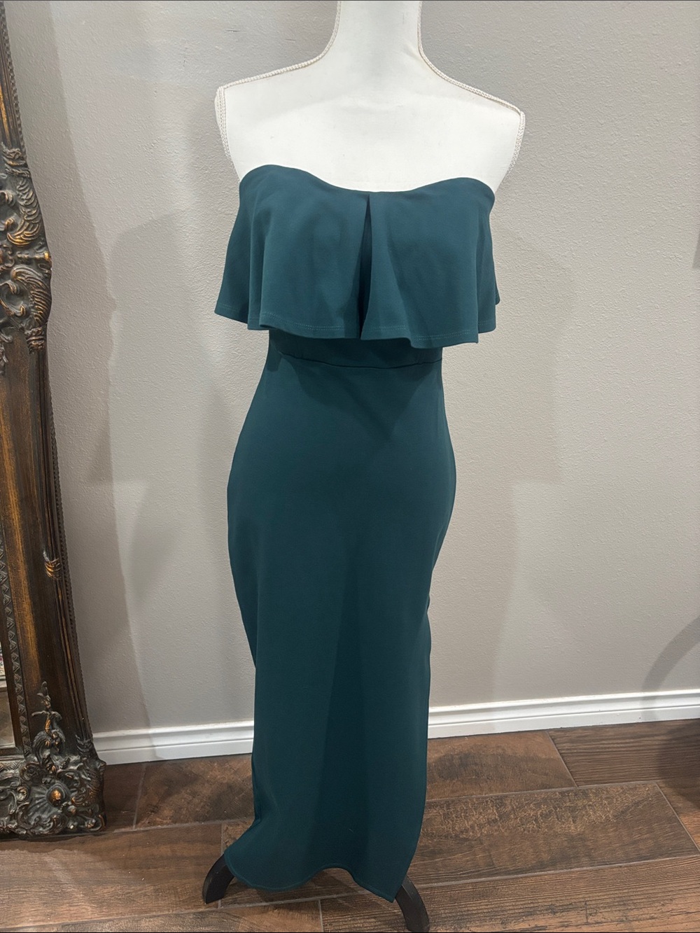 G/FORE Strapless Ruffle Maxi Dress in Teal Green